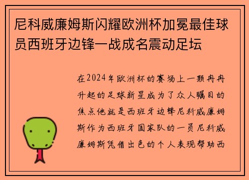 尼科威廉姆斯闪耀欧洲杯加冕最佳球员西班牙边锋一战成名震动足坛