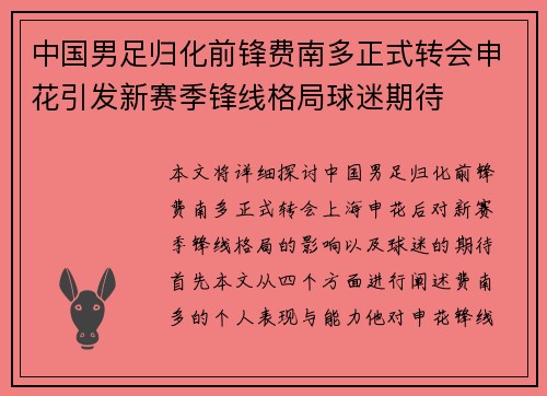 中国男足归化前锋费南多正式转会申花引发新赛季锋线格局球迷期待