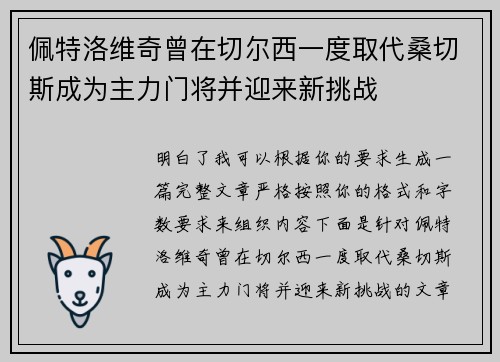 佩特洛维奇曾在切尔西一度取代桑切斯成为主力门将并迎来新挑战