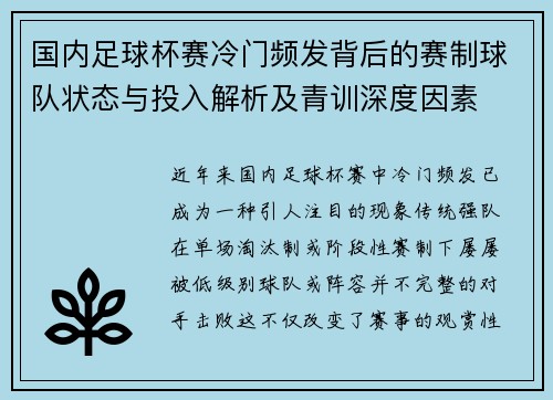国内足球杯赛冷门频发背后的赛制球队状态与投入解析及青训深度因素